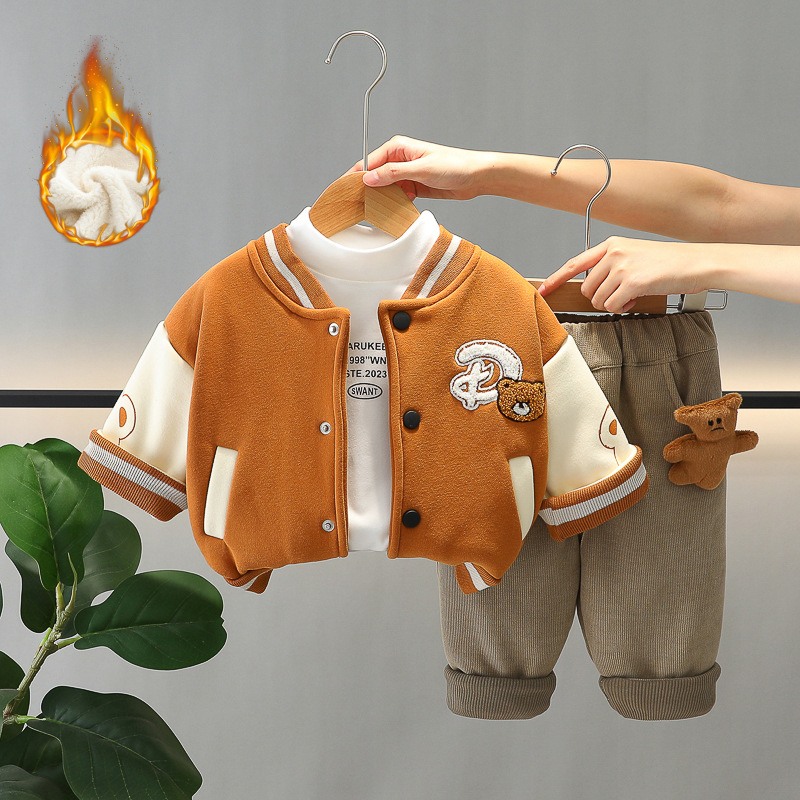 2025 Boys 3-Piece Set Fleece Lined Baseball Jacket Outfit Embroidered Bear Design Winter Thermal Kids Clothes