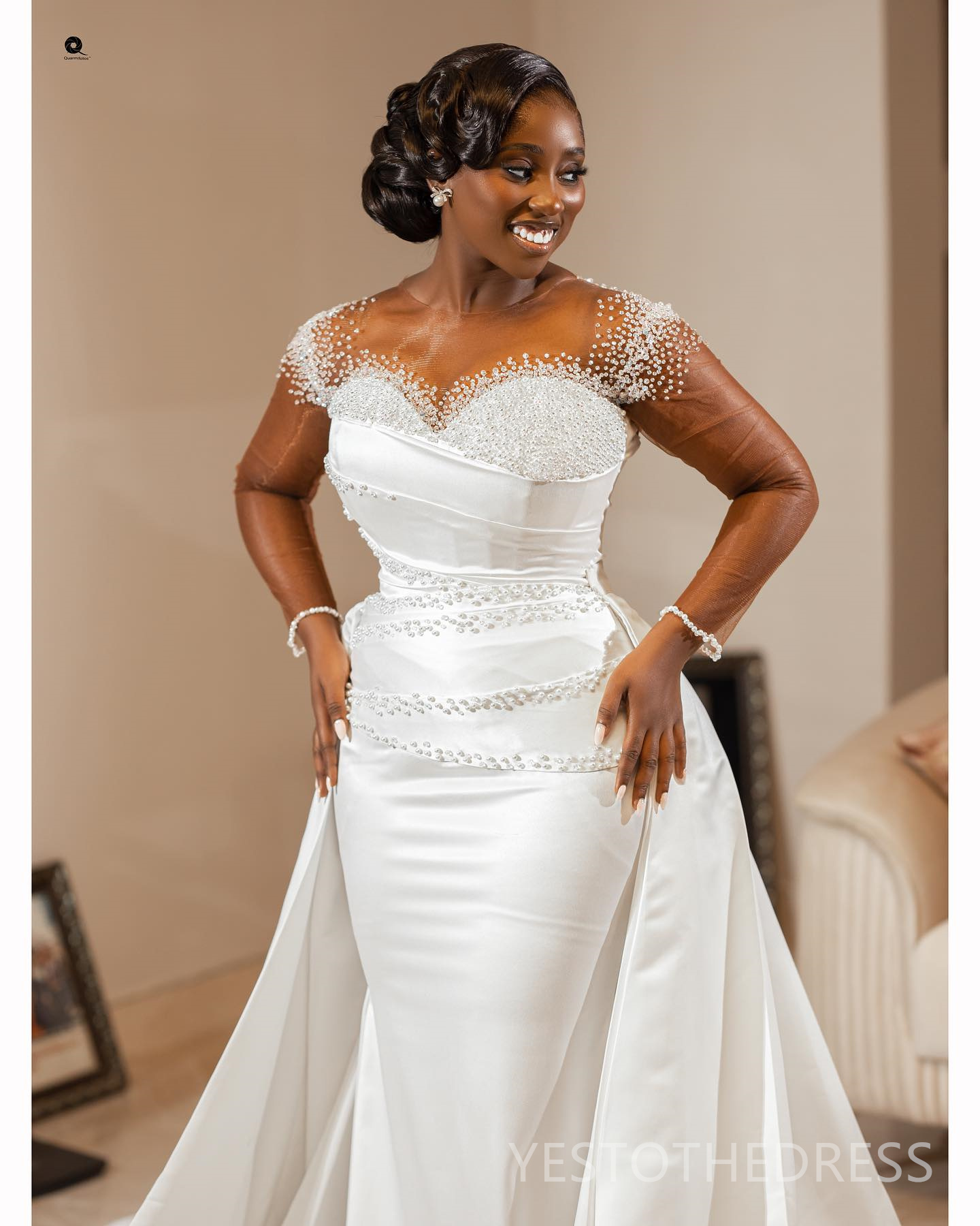 2025 Plus Size Mermaid Wedding Dress Bridal Gowns For Bride Detachable Train Sheer Neck Illusion Long Sleeves Beaded Lace Wedding Gowns For Black Wome
