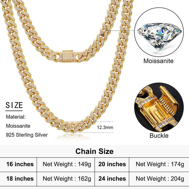 Drop Shipping Moissanite Jewelry 12mm 925 Silver Moissanite Cuban Link Chain Lab Grown Diamond Necklace