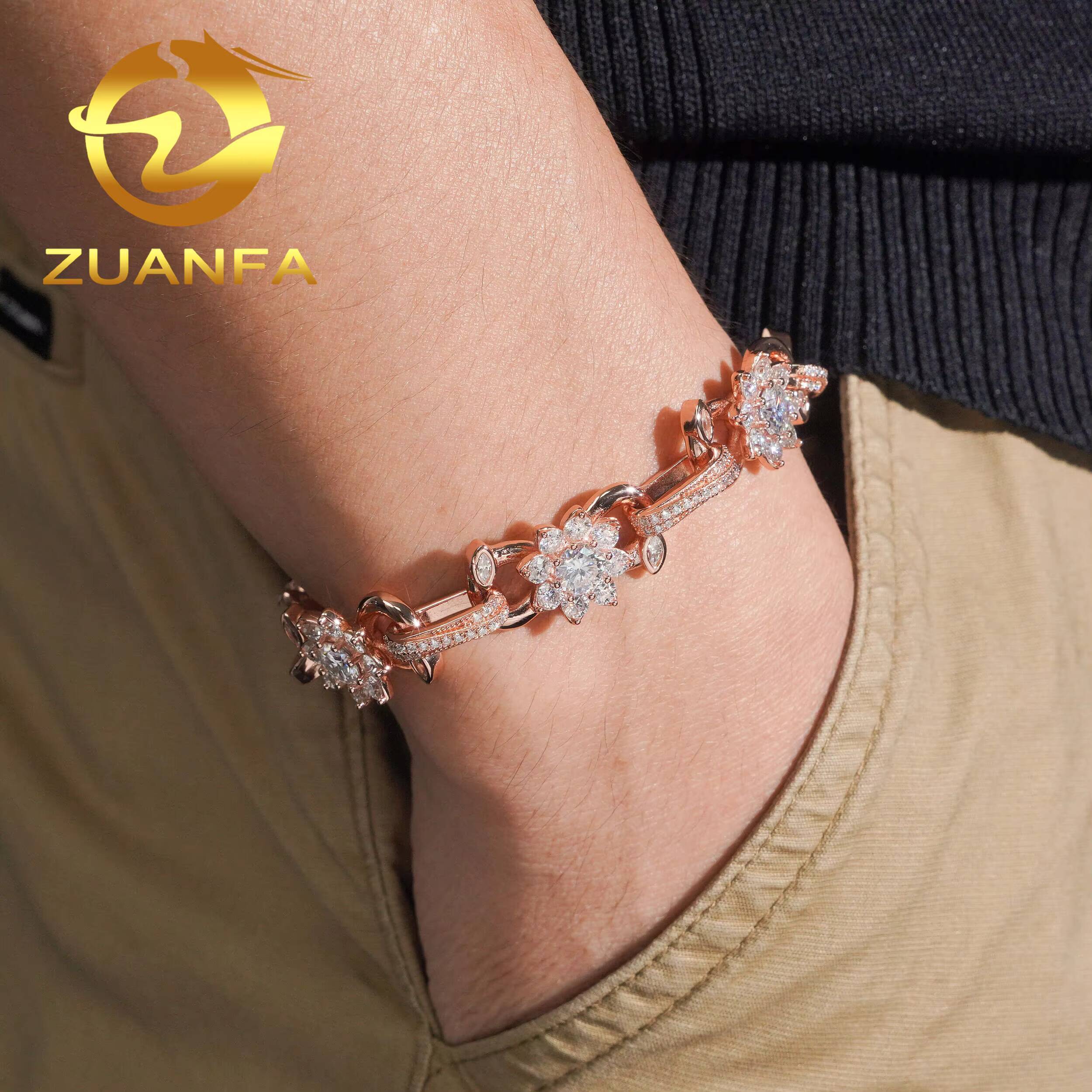 13mm Flower Moissanite Cuban Link Bracelet 925 Silver Moissanite Hip Hop Jewelry Cuban Iced Out Bracelet for Men Women