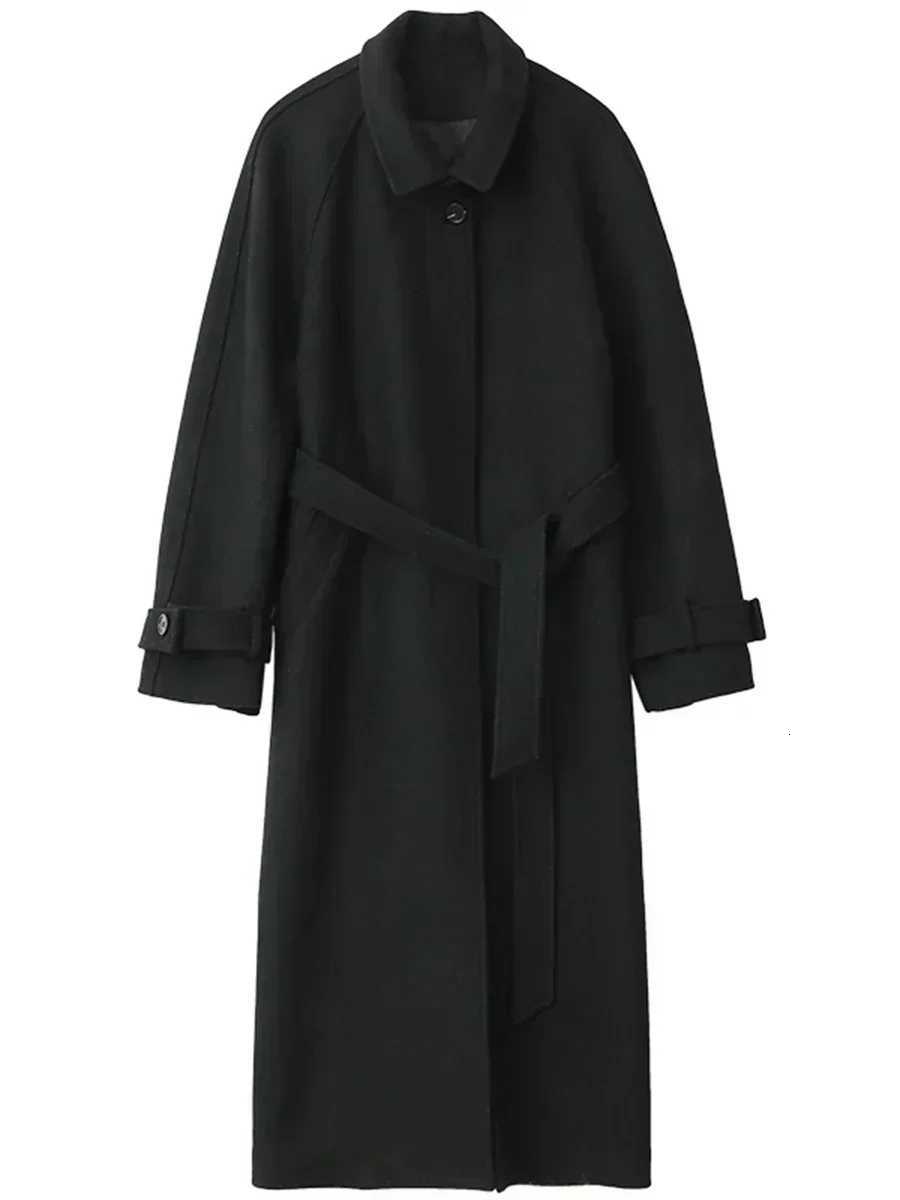 CHIC VEN Womens Long Trencn Coat Standing Belt Lace Up Woolen Coat Raglan Sleeves Long Overcoat Office Lady Autumn Winter 2024T251101