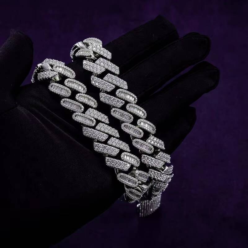 Pass Diamond Tester Hip Hop 15MM D Color Baguette Moissanite Mens Mixed Cut Cuban Link Chain With 925 Sterling Silver GRA