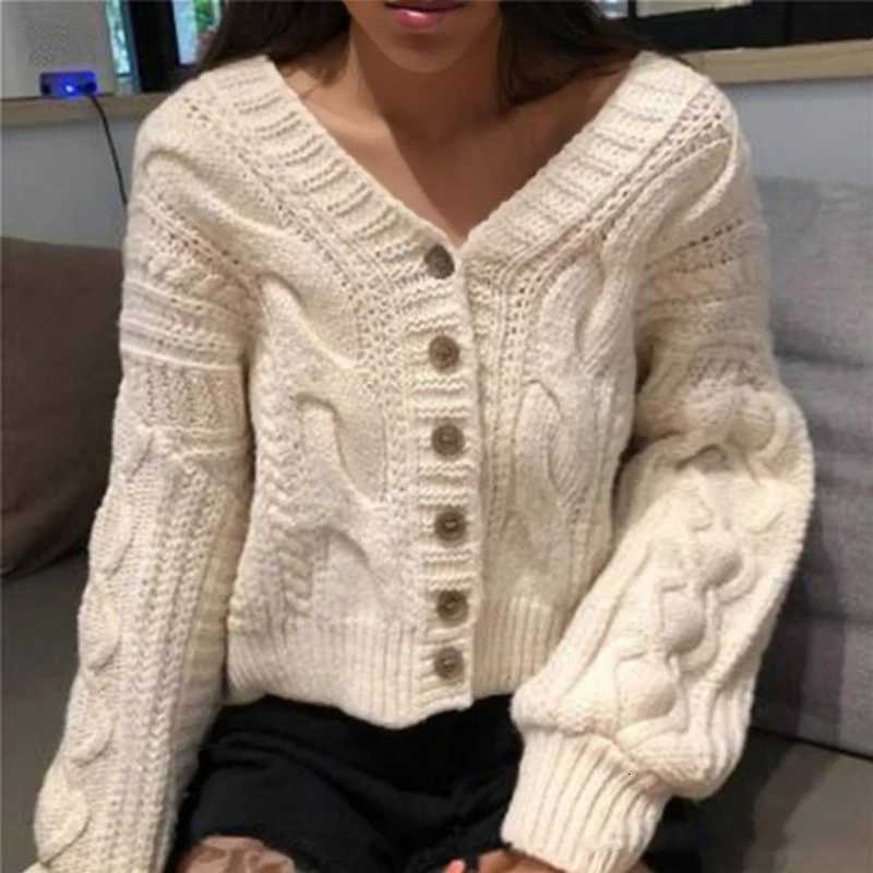 Vneck Long Sleeved Cardigan Casual Sweater New Autumn and Winter Retro Women Elegant Singlebreasted Cropped Knitwear ClothingT251101