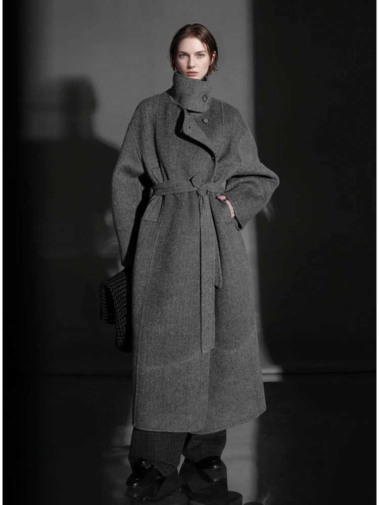 Office Lady Herringbone Alpaca Woolen Jackets 2025 Autumn And Winter Vertical Collar LaceUp Thick Loose Womens Long Wool CoatsT251101