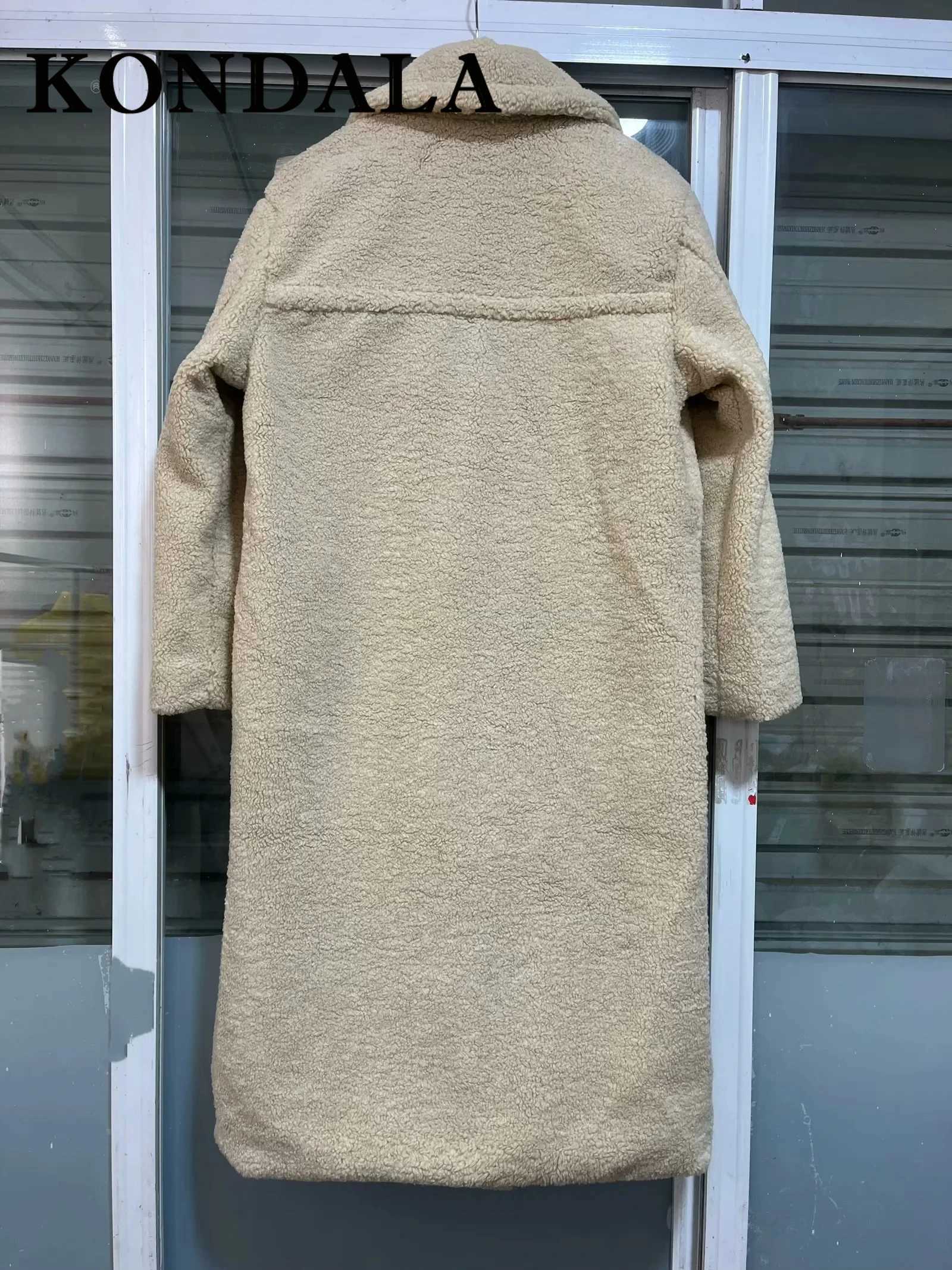 KONDALA 2025 Winter Women Casual Solid Coat Double Breasted Fleece Coat Loose Fit Long Coat Women Vintage Oversized Long JacketT251101