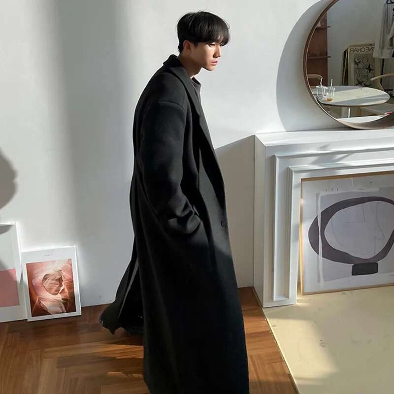Men's Woolen Coat Spring Winter Thickened Korean Fashion Trend Loose 2025 Solid Color Long Sleeve Male Tops 24X1672