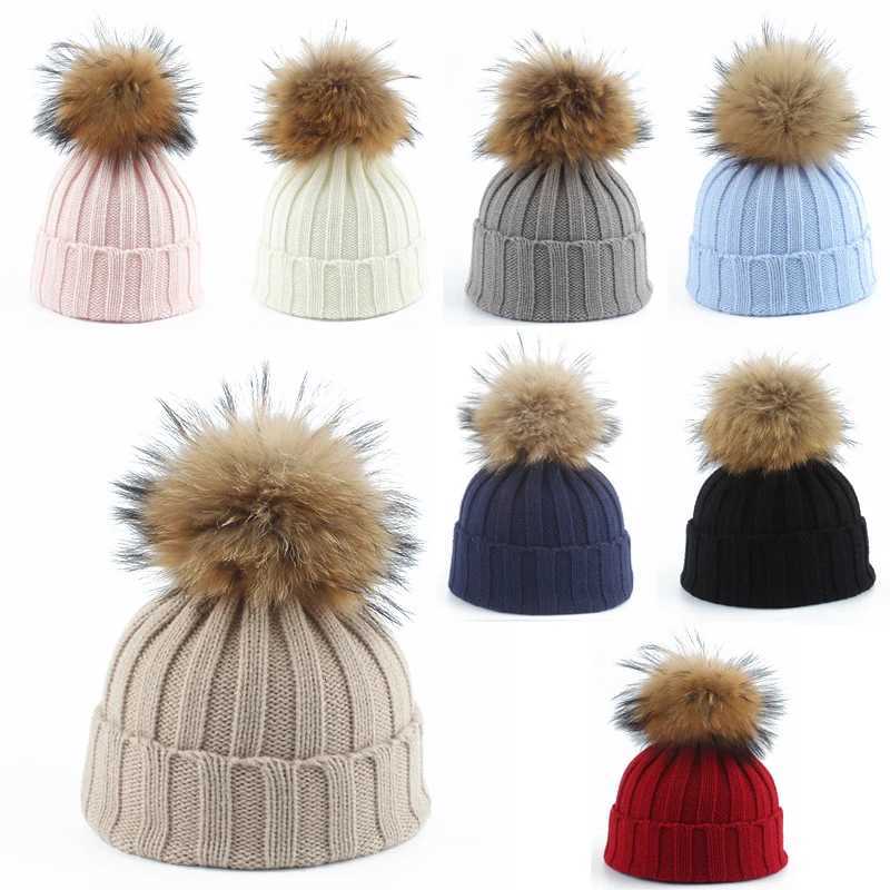2023 Fashion Children Winter Real Fur Pompom Beanie Hat Scarf Warm Knitted Baby Hats For Kids Girls Boys Pom pom CapXJ251101