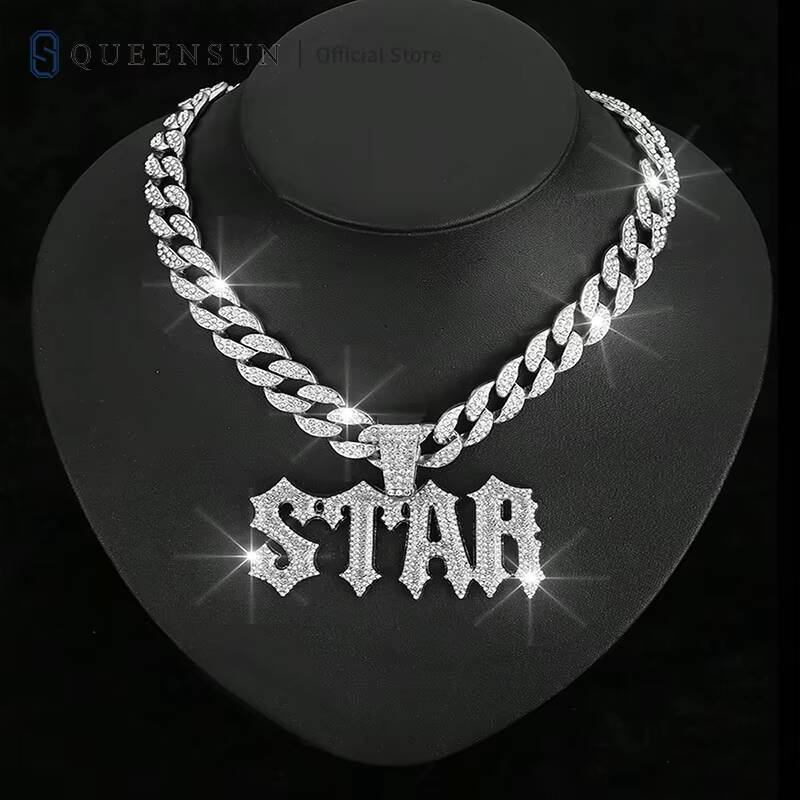 Queensun Mens Hip Hop Cuban Chain Pendant Necklace All Ice VVS Moissanite Cultivated Diamond Letter Pattern Hip Hop Jewelry
