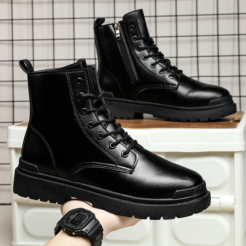 Martin boots mens spring new high cut thick soled motorcycle workwear boots black leather shoes mens trendy British style boots 240615