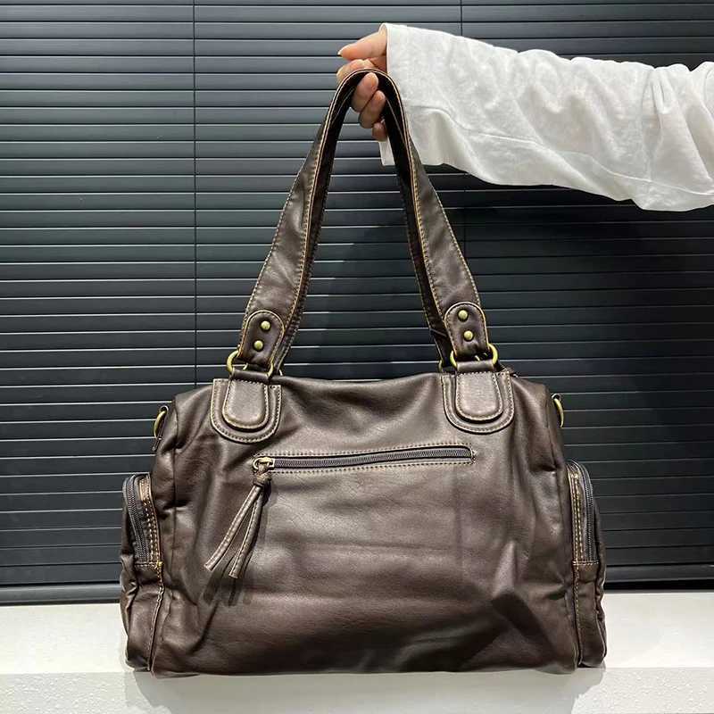 HAEX Womens Punk Biker Tote Bag Large Capacity PU Leather Crossbody Purse with Multi Pockets for Work Commute Moto StyleW251101