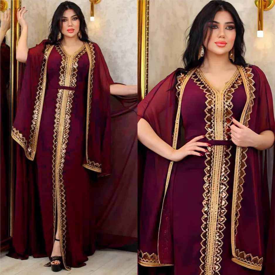 Ele Abayas for Women Dubai 2024 slim womens dress 2-piece set chiffon chlorine Sve Ktan Plus size party sequin robe W250401