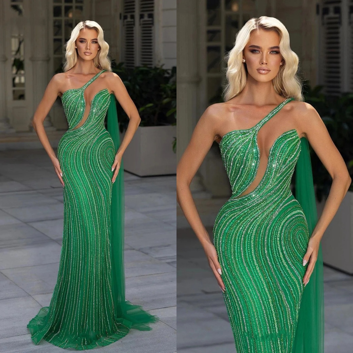 Classic Evening Dresses One Shoulder Sheer Neck Sleeveless Gown Sequins Lace Sweep Train Dress Party Customized Dress