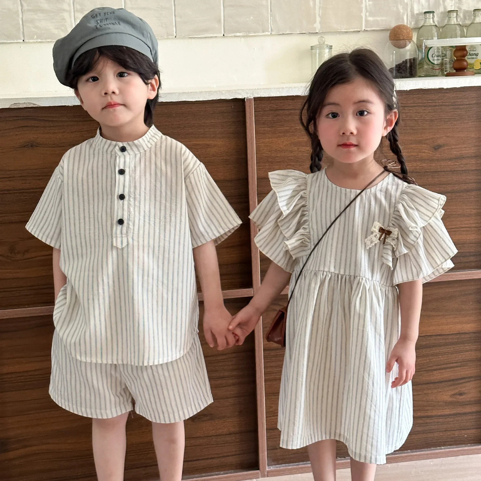 Childrens Matching Set Baby Boys 2Piece Girls Pleated Dress Stripe Printed Clothing sisters Brother Cotton 250325 S2548