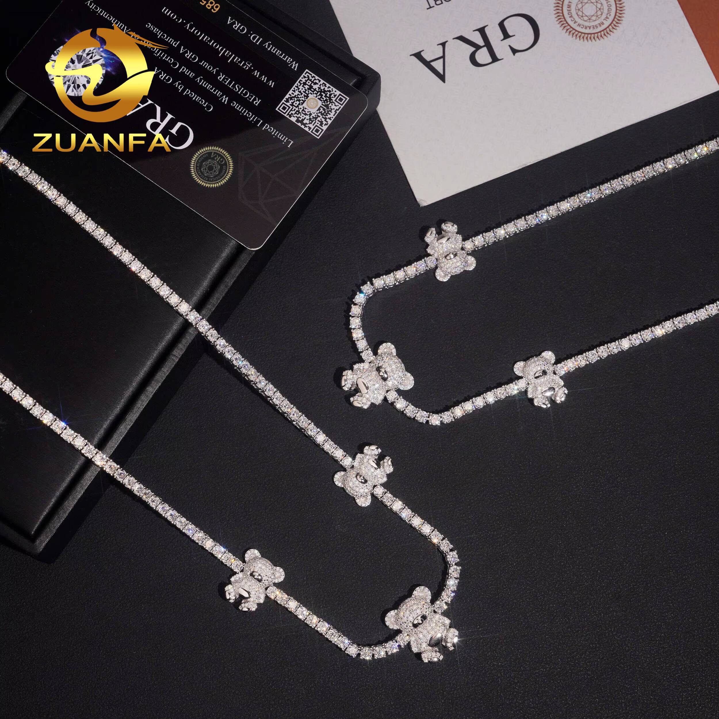 3d Cartoon Bear Charm Necklace Moissanite Tennis Chain Necklace 925 Solid Silver Iced Out Hip Hop Jewelry