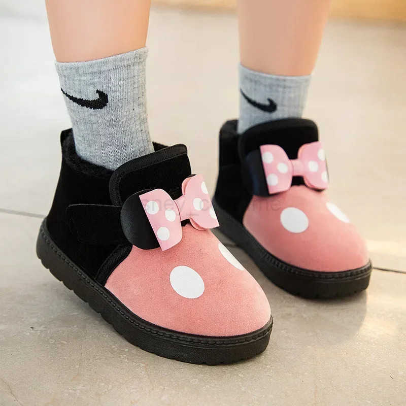 Disney mickey mouse casual shoes childrens bow thick warm antiskid soft bottom cotton shoes girl snow boots H251101