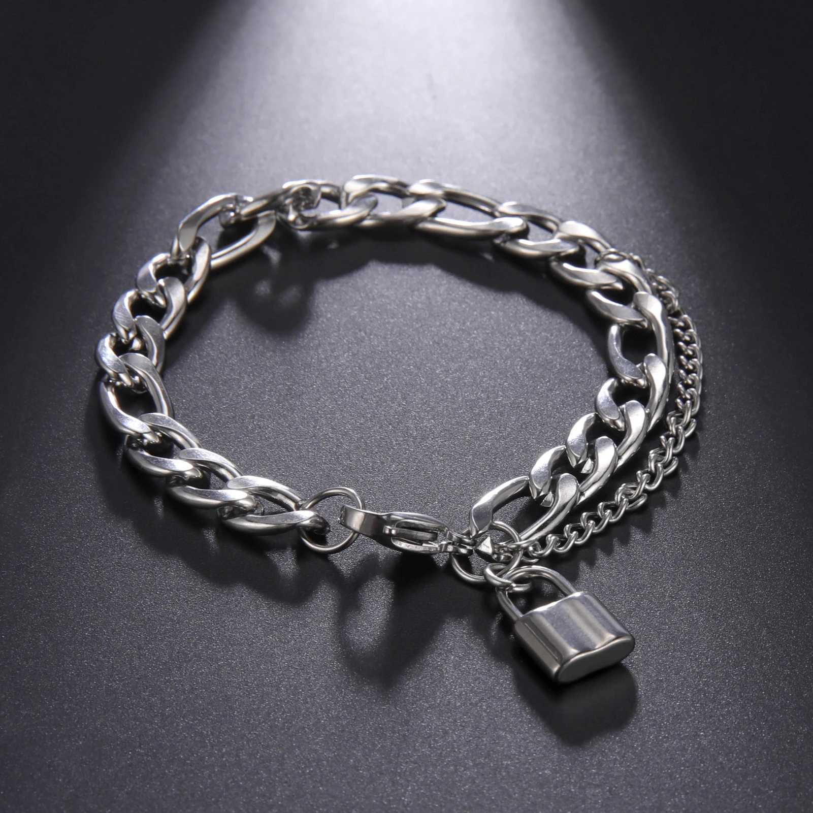 Skyrim Hip Hop Lock Pendant Bracelet Mens Stainless Steel Figaro Chain Bracelet Handmade Punk Party Jewelry Gift Y250329