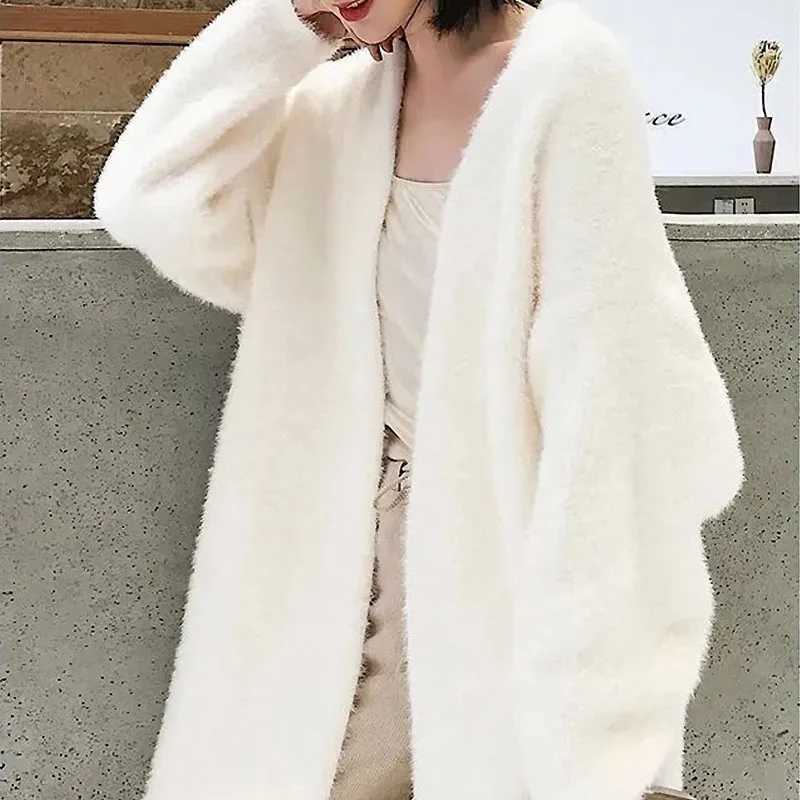 white Long Cardigan for women winter clothes Knitted fluffy long sleeve Cashmere sweater coat clotkorean style warm vintageT251101