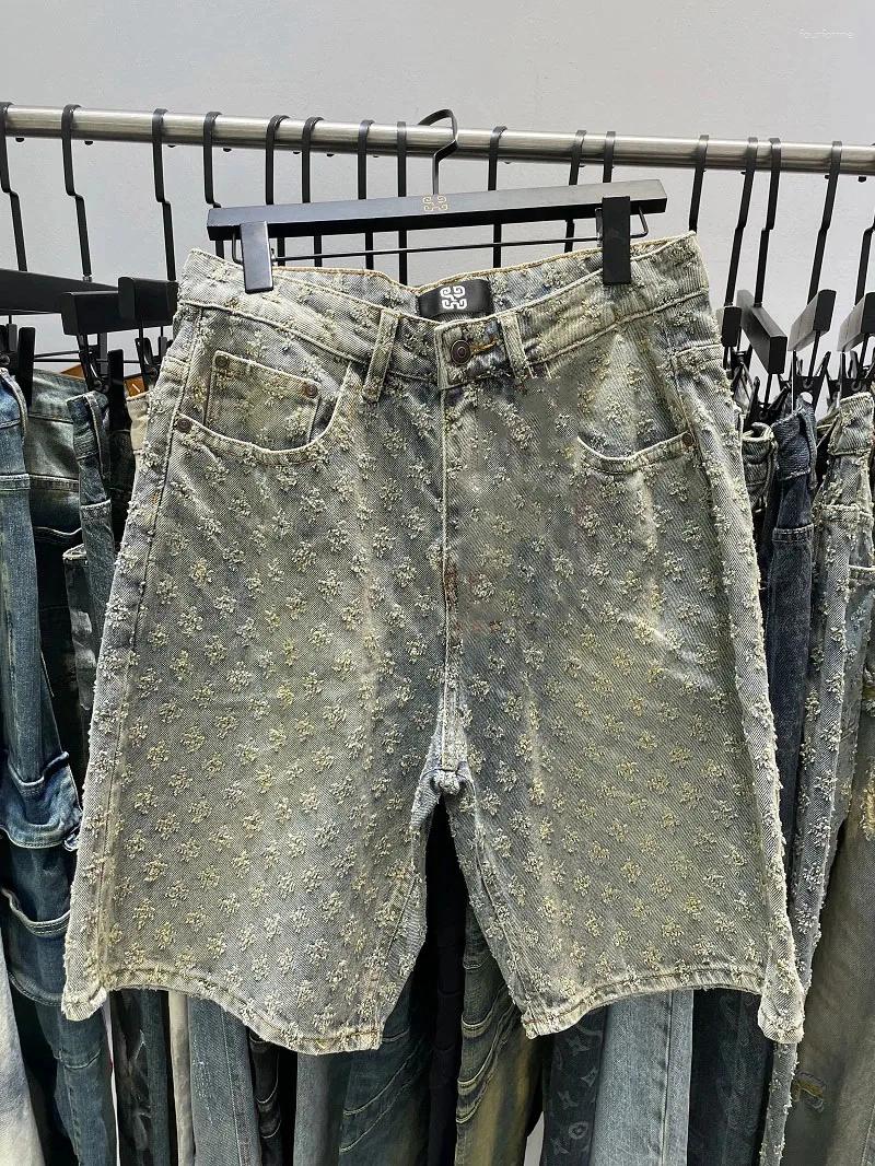 Men's Shorts Cowboy Summer Workwear Pants Loose Straight Leg Mid Length Elastic Waist American High Street Trendy