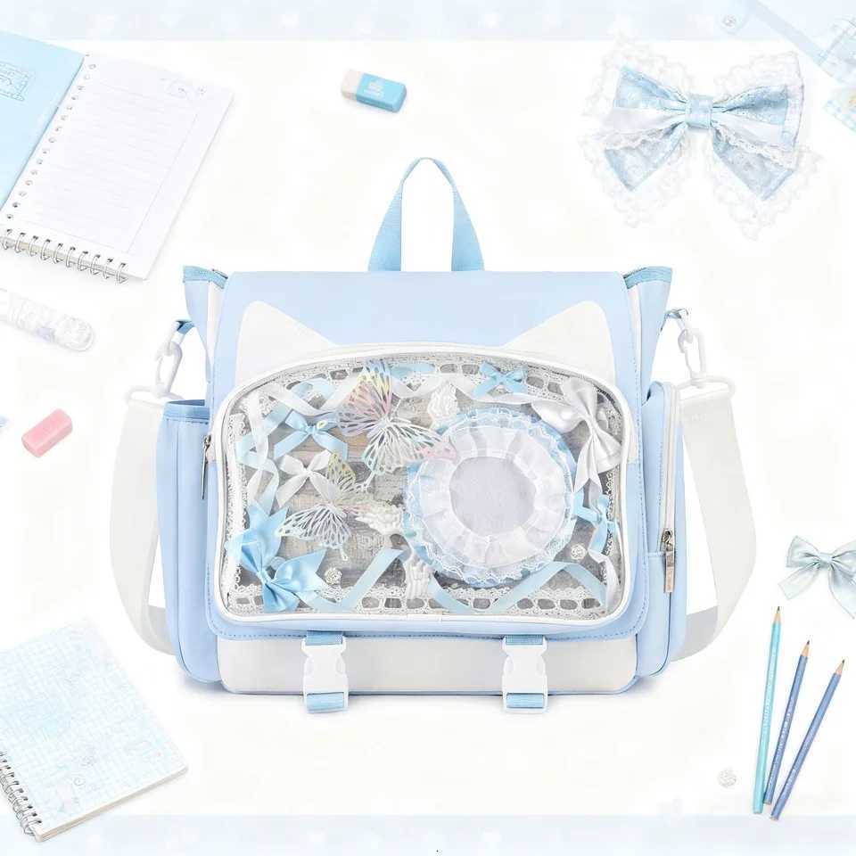TINYAT Y2K Ita Bag Girl School Backpack Waterproof Transparent Shoulder Bag Womens Crossbody Bag DlY Display Cute Cat EarW251101