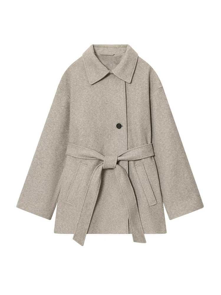 Womens Soft Woolen Coat with Belt DoublePosition Collar Long Sleeve Front Pockets Chic Female Outerwear TopT251101