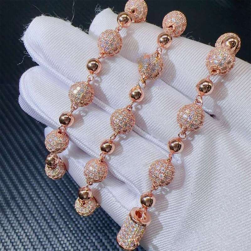 Customized 8mm Iced Out Hip Hop Chain Jewelry Sterg Sier Rose Gold Plated Vvs Moissanite Ball Bead Cuban Necklace