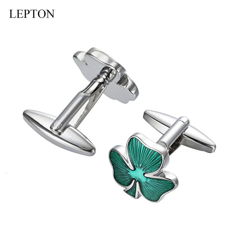 LEPTON Green Clover Cufflinks For Wedding Mens Fashion Irish Ireland Shamrock Cuff Links Dress Shirt Cufflink Business Gifts 250327