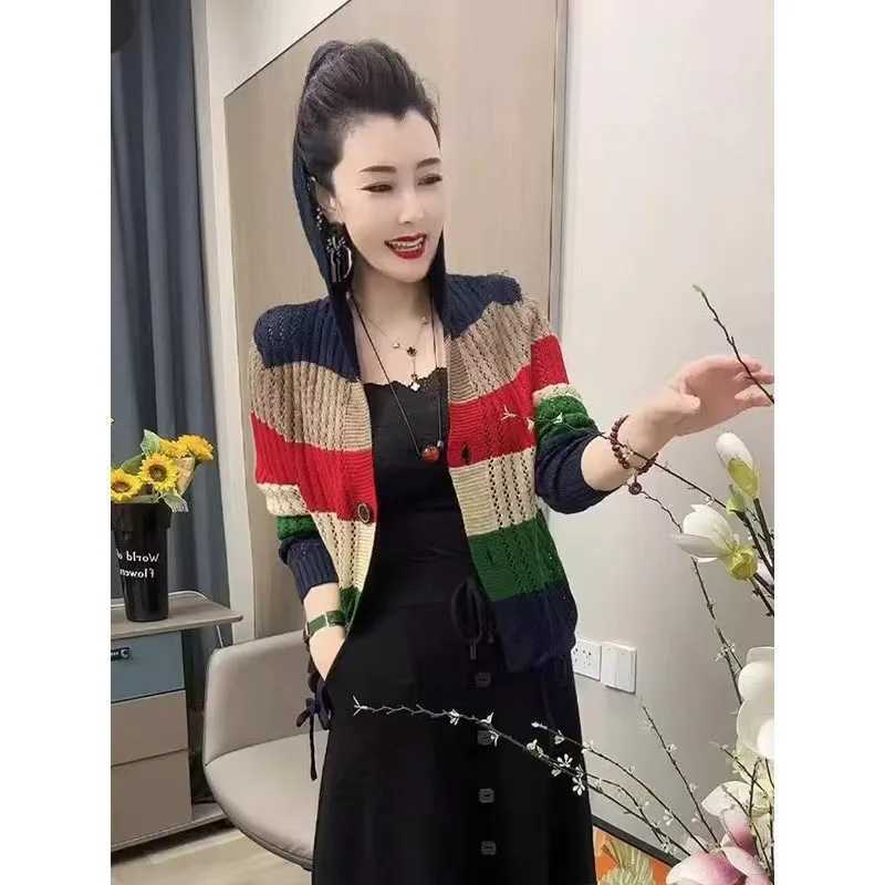 Women Clothing Fashion Allmatch Patchwork Knit Cardigan Autumn Winter New Casual Loose Hollow Out Button Sweaters Lady Y2k TopsT251101