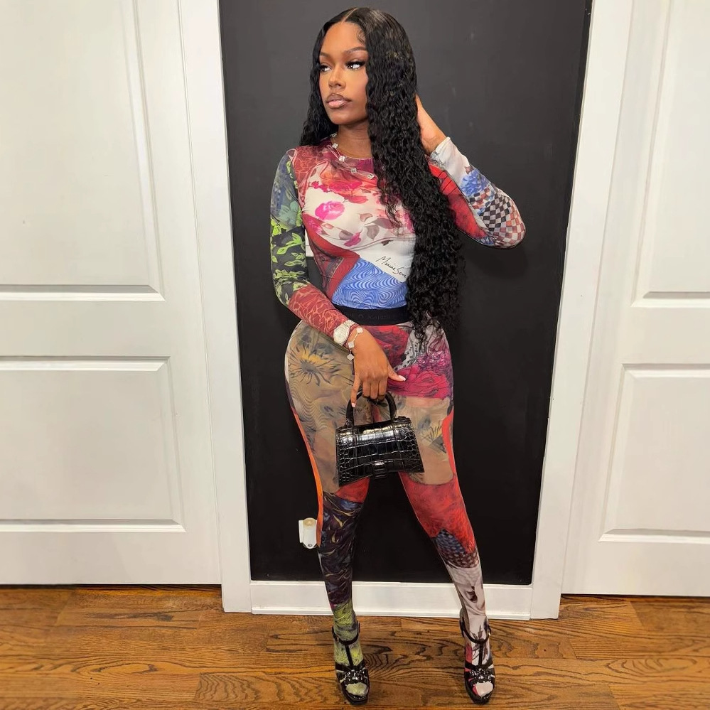 New Fashion Color Contrast Printed Trendy Stretch Pants Long Sleeve Round Neck Top Set For Women