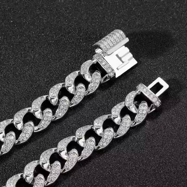 Exclusive 925 Silver Moissanite Diamond Miami Cuban Link 12mm Fully Bust Hip Hop Necklace Sparkling Bling Jewelry for Rappers