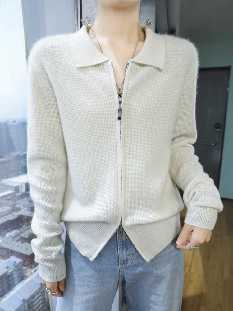 Autumn Winter Women Zipper Cashmere Cardigan POLO Collar Casual Sweater 70 Merino Wool and 30 Goat Cashmre Knitwear Female CoT251101