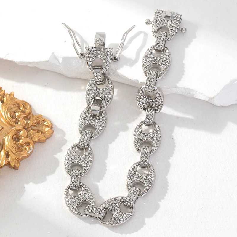 HipHop mens 12mm coffee bean Cuban chain bracelet with sparkling rhinestones set in Miami Cuban chain jewelry Y250329