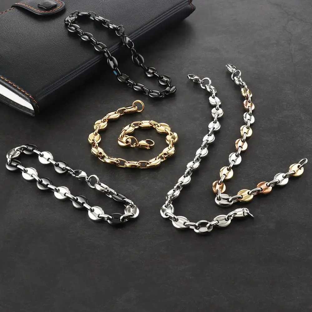9mm Black Silver Stainless Steel Bracelet Coffee Bean Chain Bracelet Mens Hip Hop Mens Jewelry Gift Y250329
