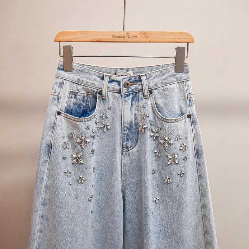 ANJY Autumn Winter Women Fashion Casual Versatile Washed Tide Diamonds Straight Jeans Trend Design Sense High Waist Pants A10636 J251031