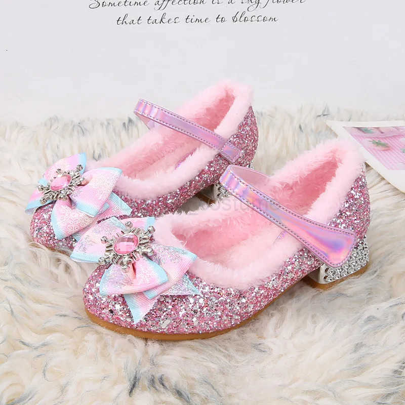 Disney Elsa Girls High Heel Bowknot Blue Pink Fashion Childrens Girl Crystal Princess Warm Winter Shoes Gift Size 2336 H251101