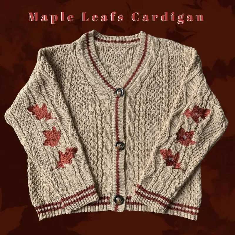 Autumn Leaves Knitted Cardigan Women Red Maple Leaf Embroidered Oversized Cardigan Folklore Girl Fall Winter Low Vneck SweaterT251101