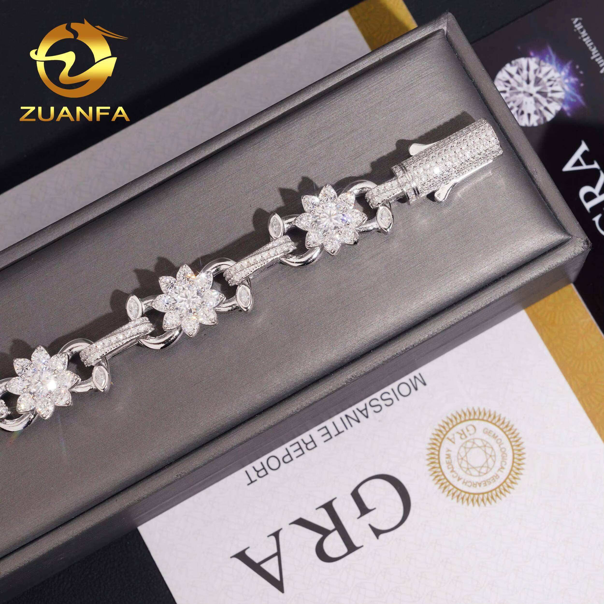 Hip Hop Jewelry 13mm Flower and Leaf VVS Moissanite Cuban Link Bracelet 925 Silver Moissanite Iced Out Bracelet for Men Women