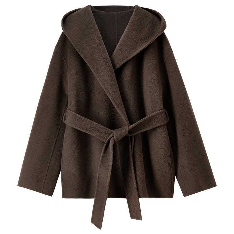 SENTUBILA Womens 100 Woolen Double Sided Coat 2025 Winter Hooded Bathrobe Loose jacket Versatile Fashion Outerwear W54OC2735T251101