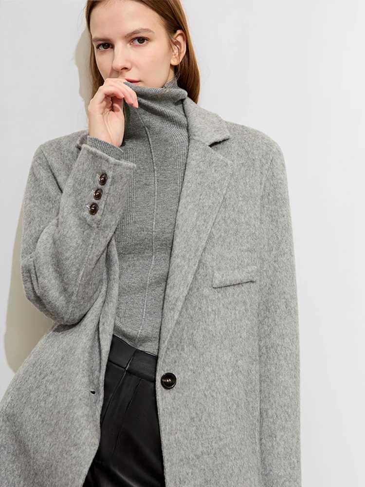 AMII Minimalist Old Money Woolen Coat for Women 2023 Winter Slit Blazer Collar Medium Long Doublesided Tweed Jacket 72324001T251101