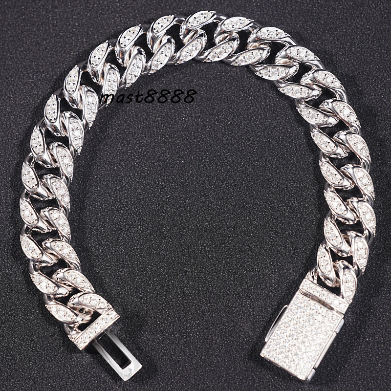 Sicgem 8.5 Inches 13 Mm Cuban Link Chain 925 Sterling Silver Bling Iced Out Moissanite Chains