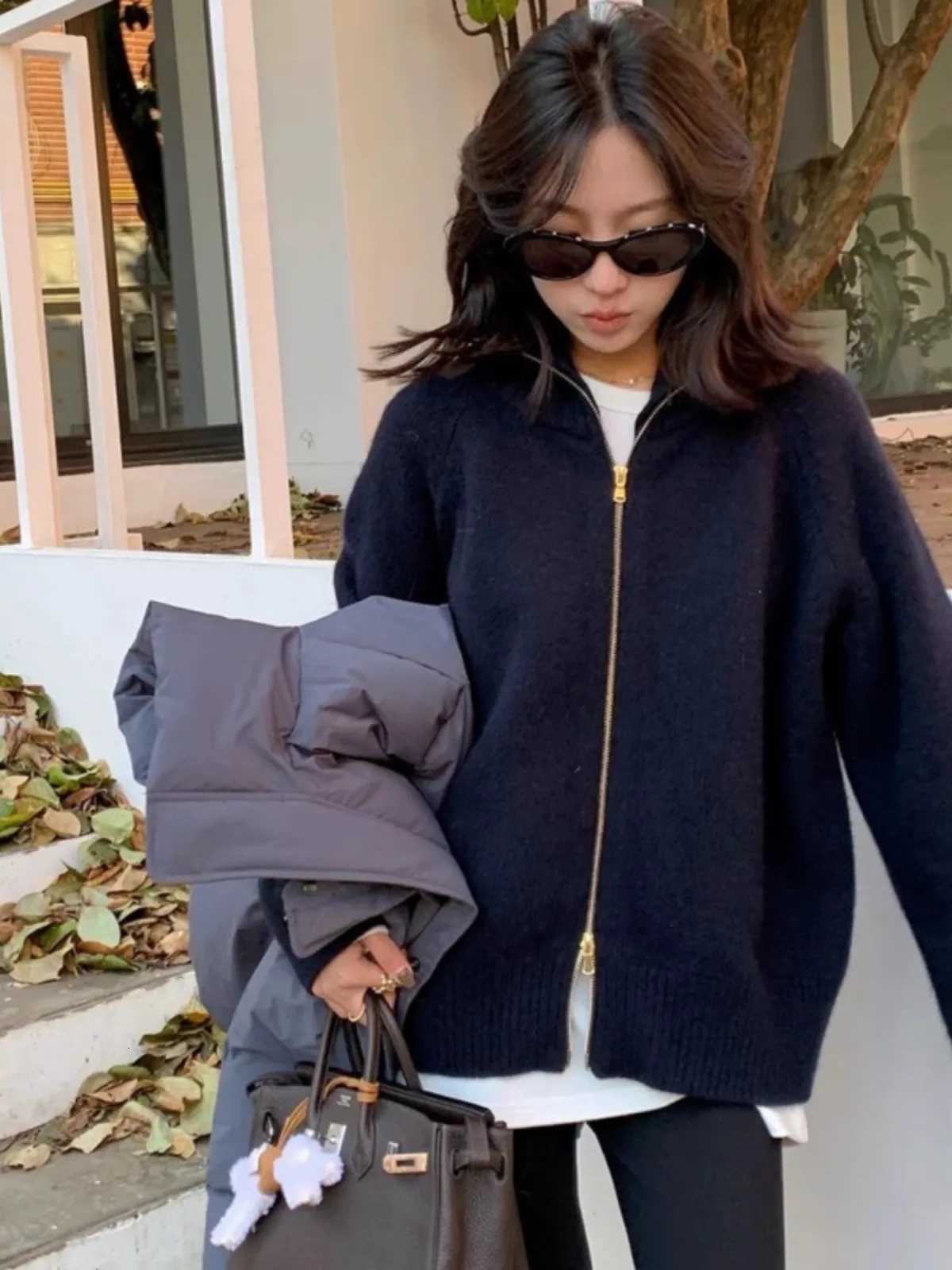 This years fashion turtleneck 100 cashmere zipper cardigan women autumn and winter lazy loose thick knit sweater coatT251101