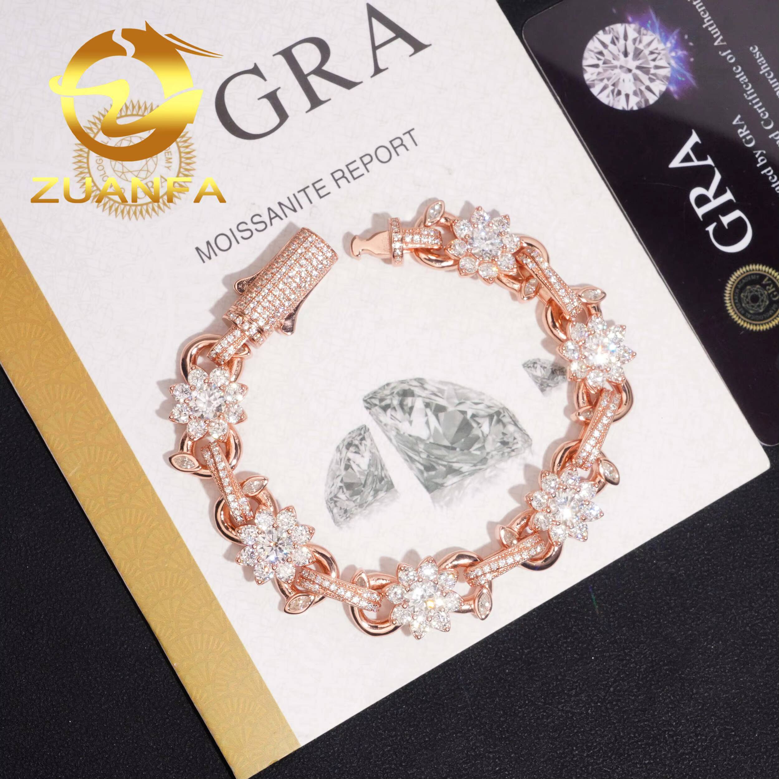 13mm Flower Moissanite Cuban Link Bracelet 925 Silver Moissanite Hip Hop Jewelry Cuban Iced Out Bracelet for Men Women