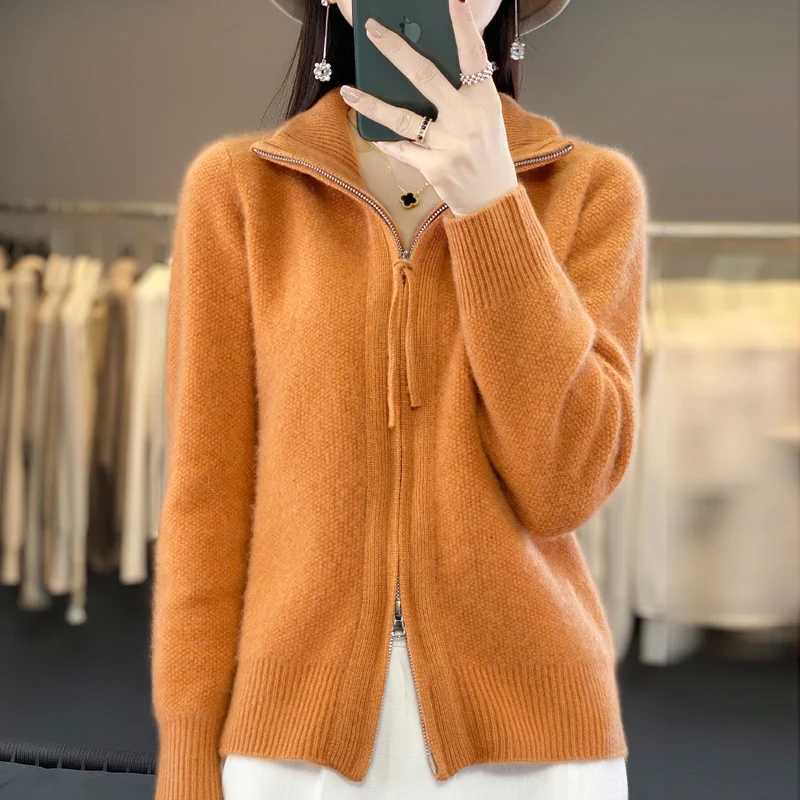 Autumn And Winter New Thick TwoWay Zipper Wool Cardigan Womens Loose Casual Sweater Solid Color Knitted Cashmere CoatT251101