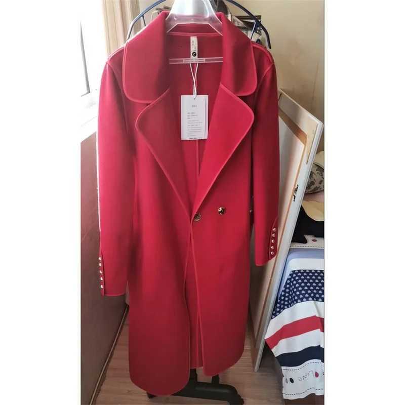 Red Doublesided Cashmere Coat For Womens Woolen Windbreaker AutumnWinter New Lady Slim High end Wool OvercoatT251101