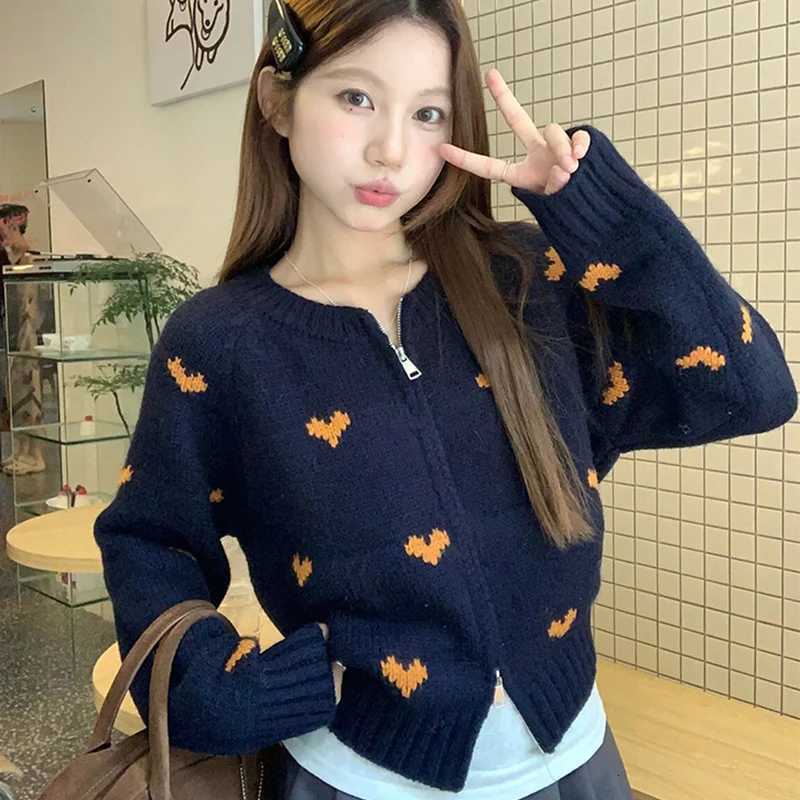 Korean Heart Pattern Knitted Cardigan Women 2025 Y2K Mix Color Long Sleeve Cardigan for Woman Crew Neck Zipper Up Outwear MujerT251101