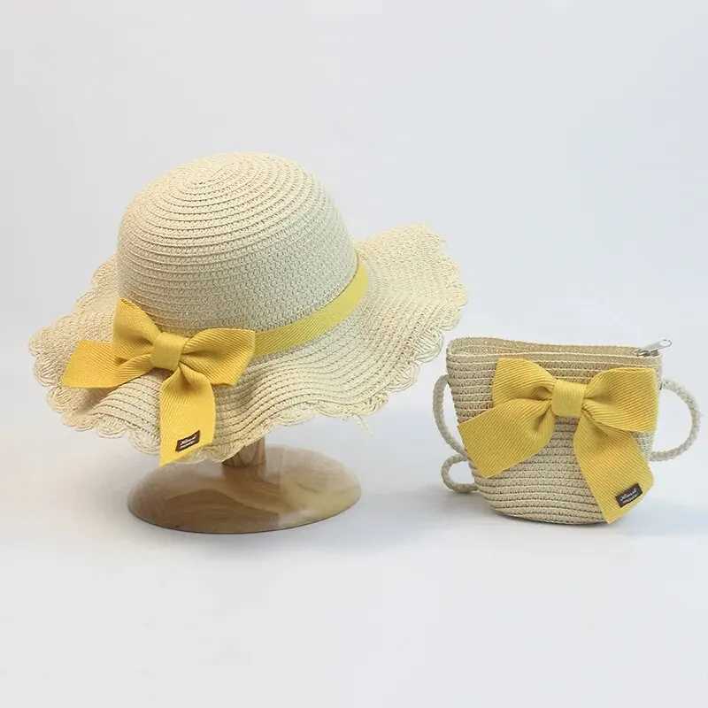 Children Straw Hat and Shoulder Bag Girls Summer Outdoor Beach Cap Cute Bow Travel Beach Sun Hat Crossbody BagC250411