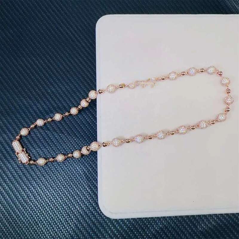Customized 8mm Iced Out Hip Hop Chain Jewelry Sterg Sier Rose Gold Plated Vvs Moissanite Ball Bead Cuban Necklace