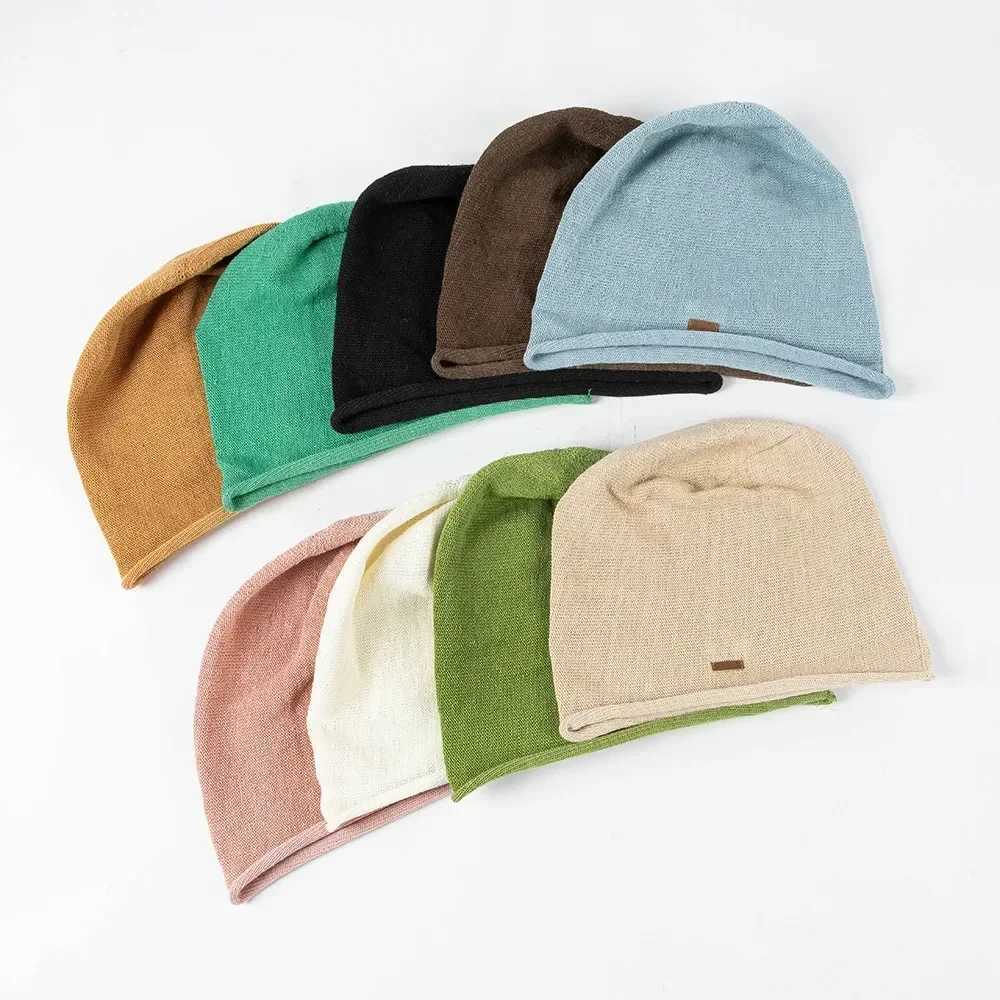 Spring Autumn Women Trendy Breathable Knitted Linen Beanie Hat Leather Patch Solid Stylish Skull Cap NewXJ251101