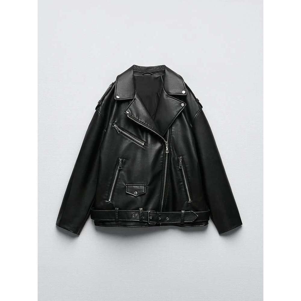 hoodie Baseball Jacket Aigo Women Loose Motorcycle Biker Black Pu Faux Leather Jacket With Belt Spring Autumn Female Zipper Coat Outwear jacket