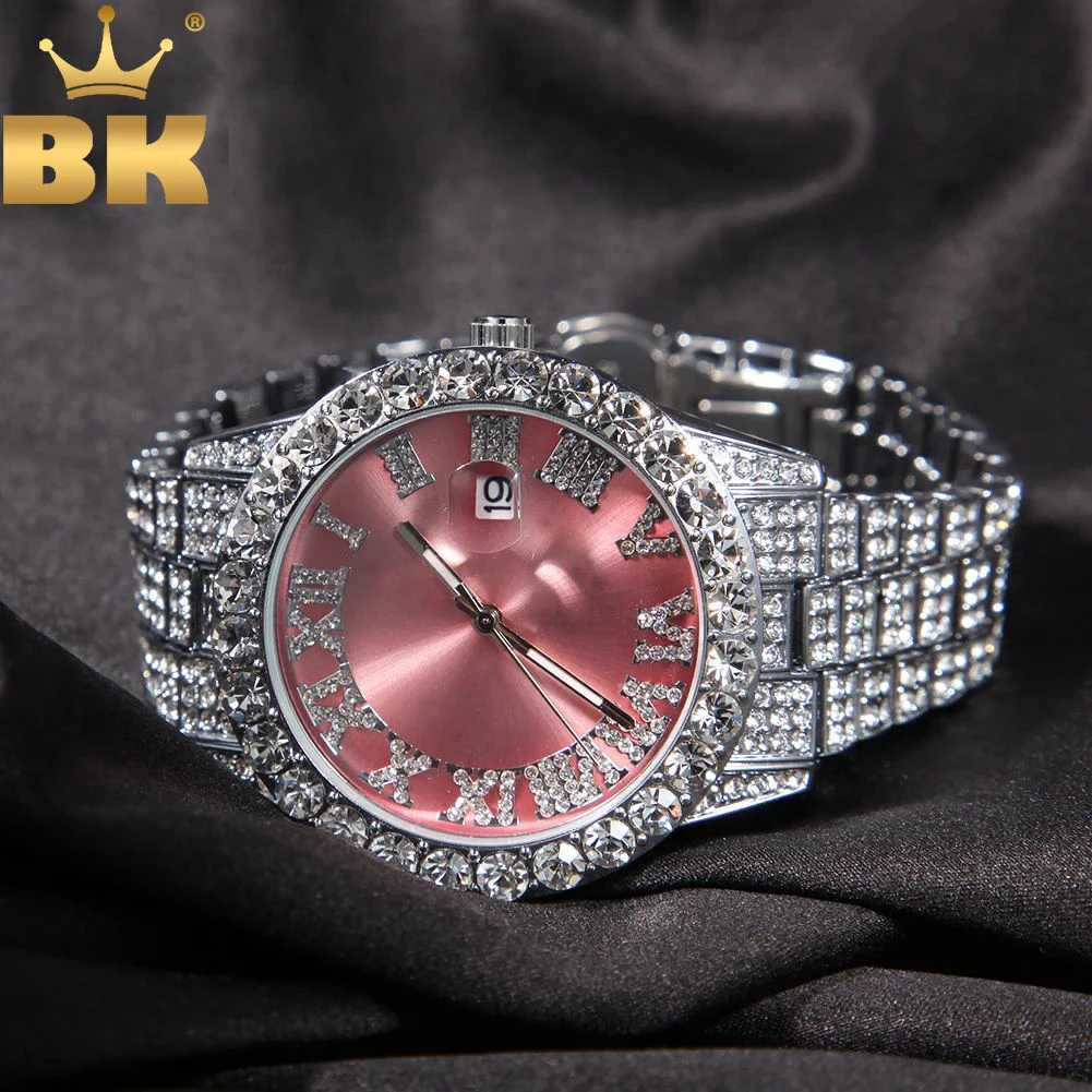 TBTK Mens Big Pink Purple Blue Dial Iced Out Quartz Clock Luxury Rhinestone Business Waterproof Wrist esW251031