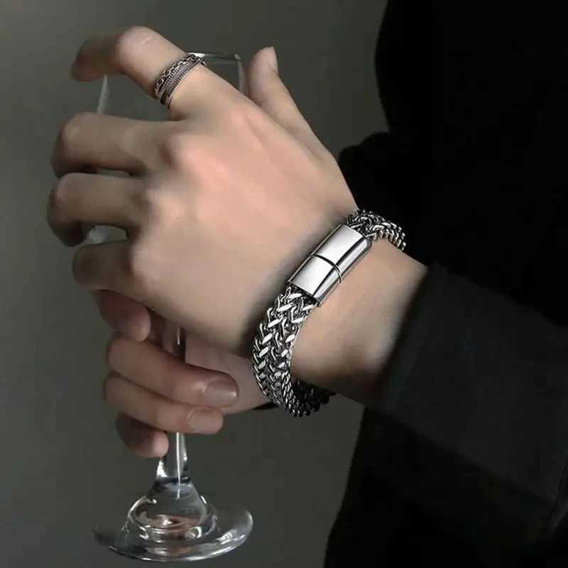 Stainless steel woven double row metal bracelet with magnetic buckle mens personalized hip-hop rock party punk jewelry Y250329